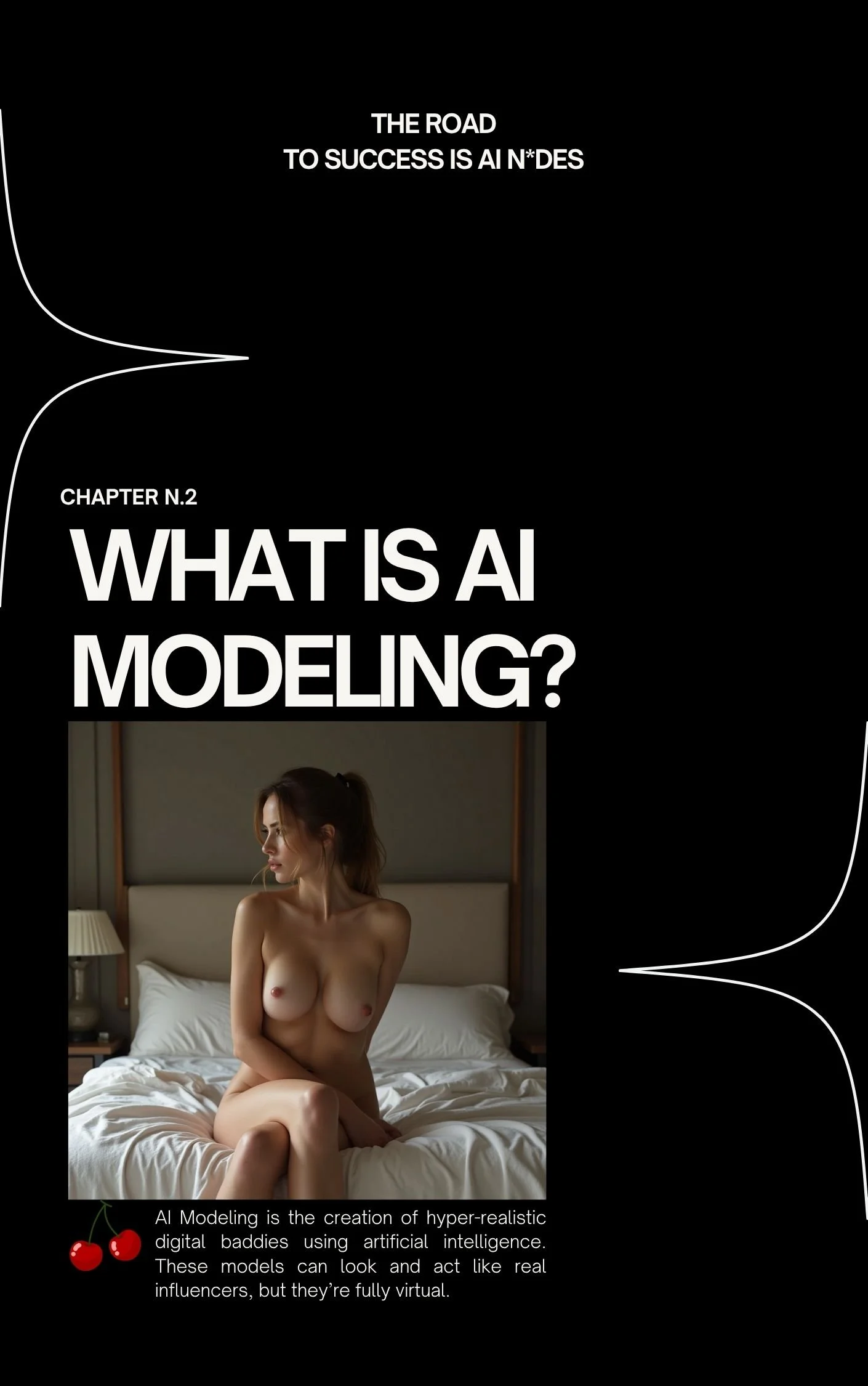 Cover page of a book or article titled 'What is AI Modeling?' with a subtitle 'The road to success is AI n*des'. It features a photo of a topless woman sitting on a bed, with small cherries icon and text explaining that AI modeling creates hyper-realistic digital models using artificial intelligence, which can look and act like real influencers but are fully virtual.