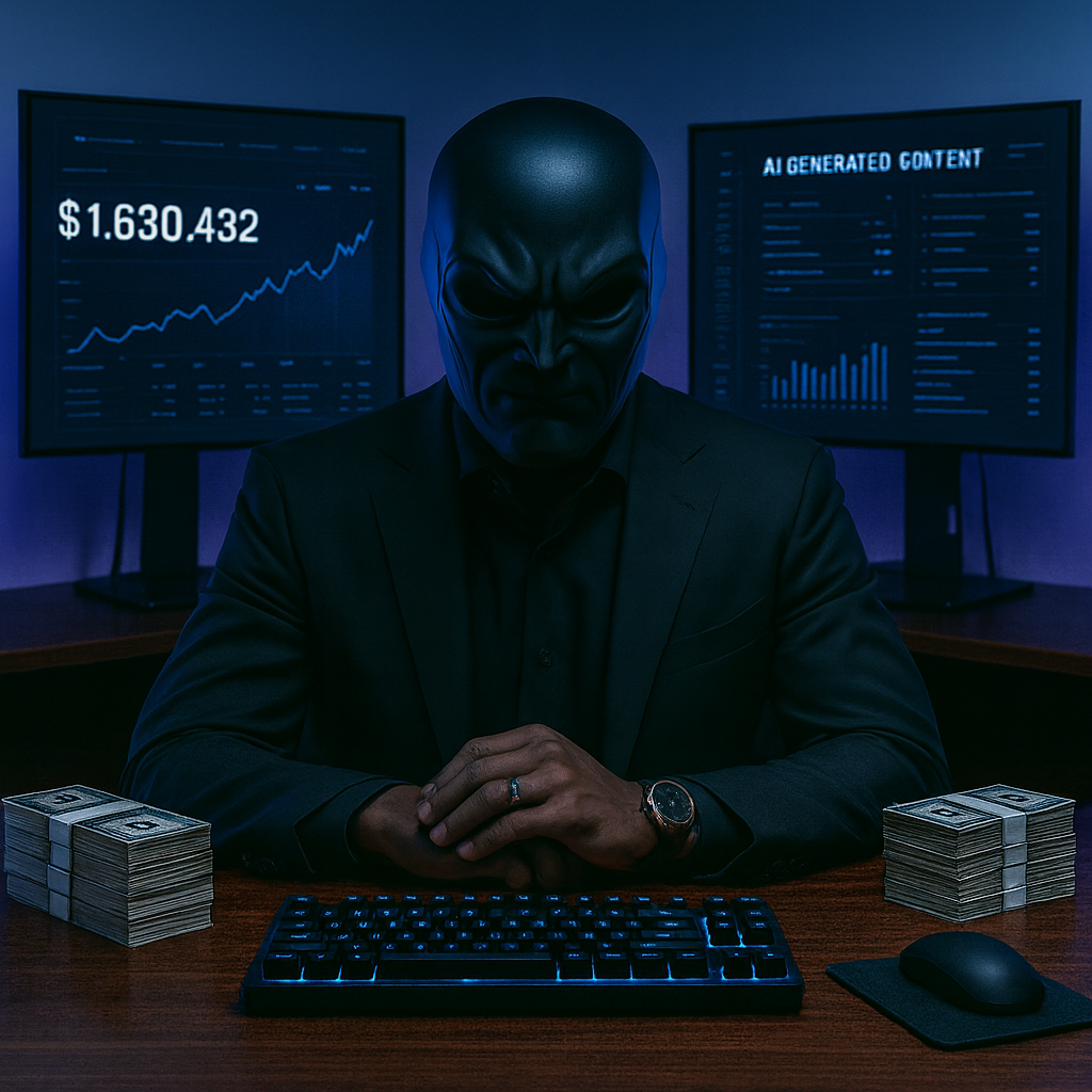 A person in a black mask and suit sitting at a desk with stacks of money, a keyboard, and a mouse, with financial charts on screens in the background.