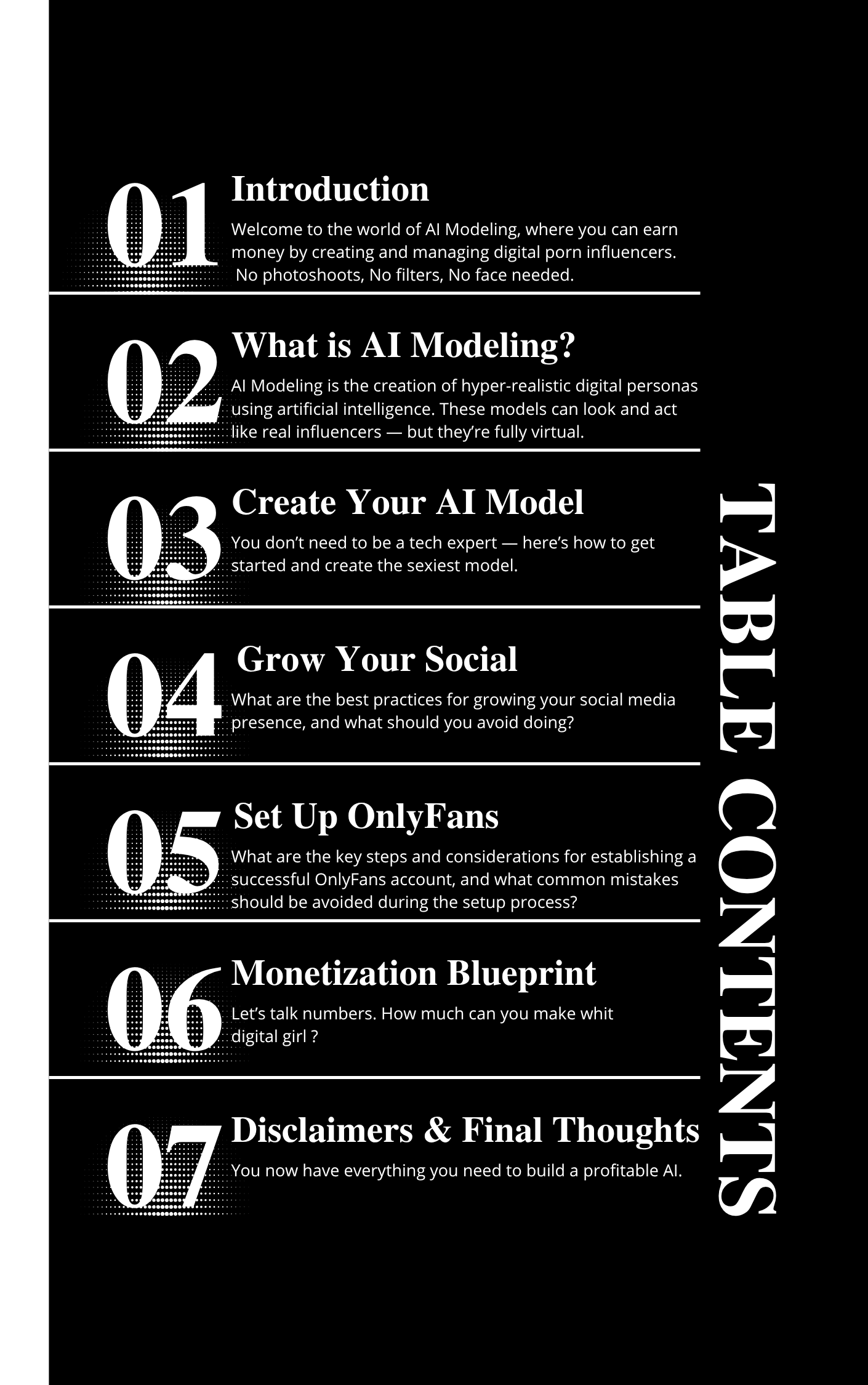 Table of contents page for “The Road To Success Is AI N*des” eBook (chapters 1–7).