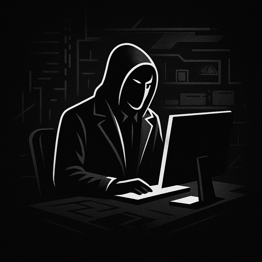 A person in a hoodie working on a computer in a dark room, depicted in a shadowy, stylized digital art.