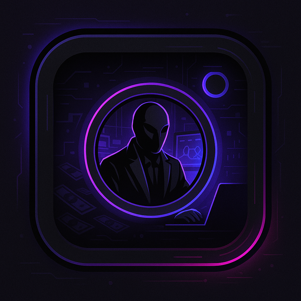 A digital illustration of a person in a suit with a featureless mask, framed by a glowing purple outline, set against a dark, technology-themed background with circuit-like lines and floating icons.