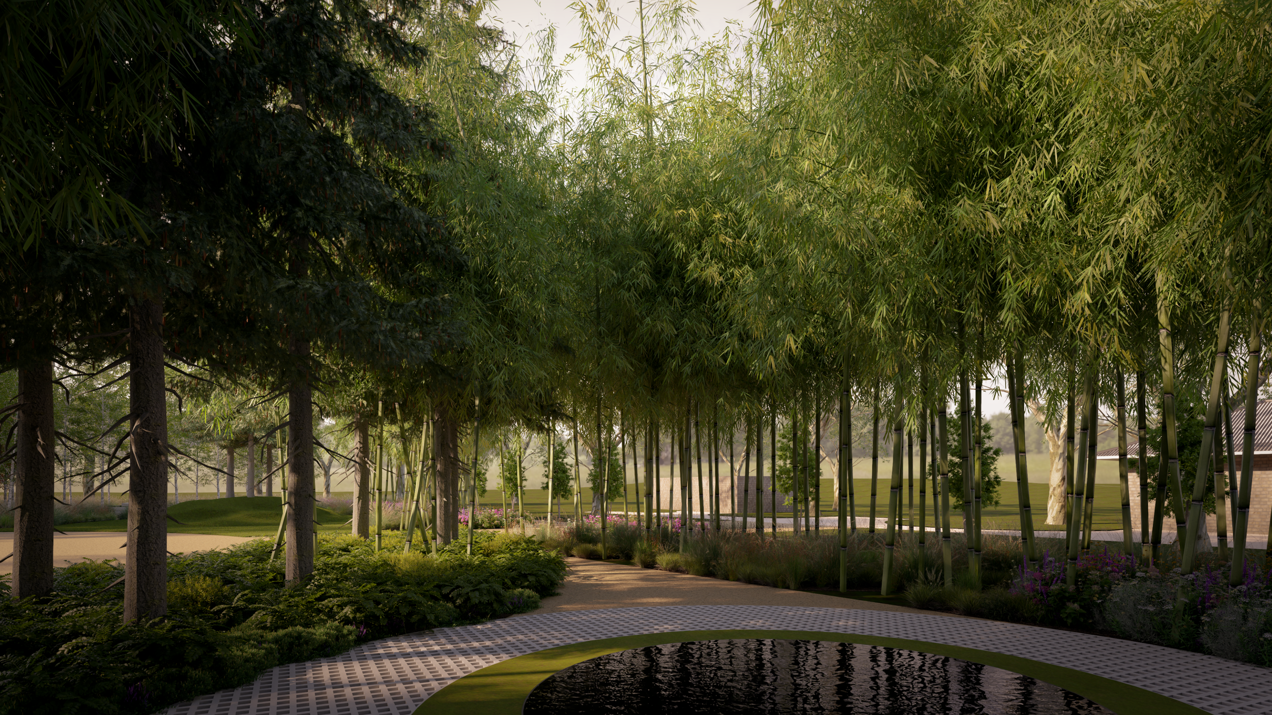 A peaceful park with a circular water feature, surrounded by lush green trees, bamboo, and flowering plants. Pathways wind through the garden.