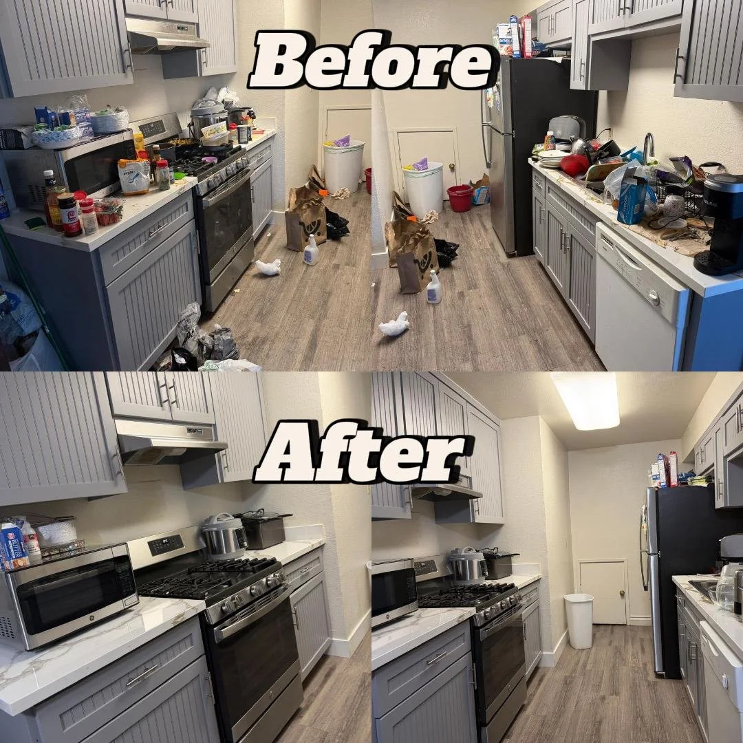 Before and after images of a kitchen renovation, showing cluttered mess in the before photo and a clean, organized kitchen in the after photo.