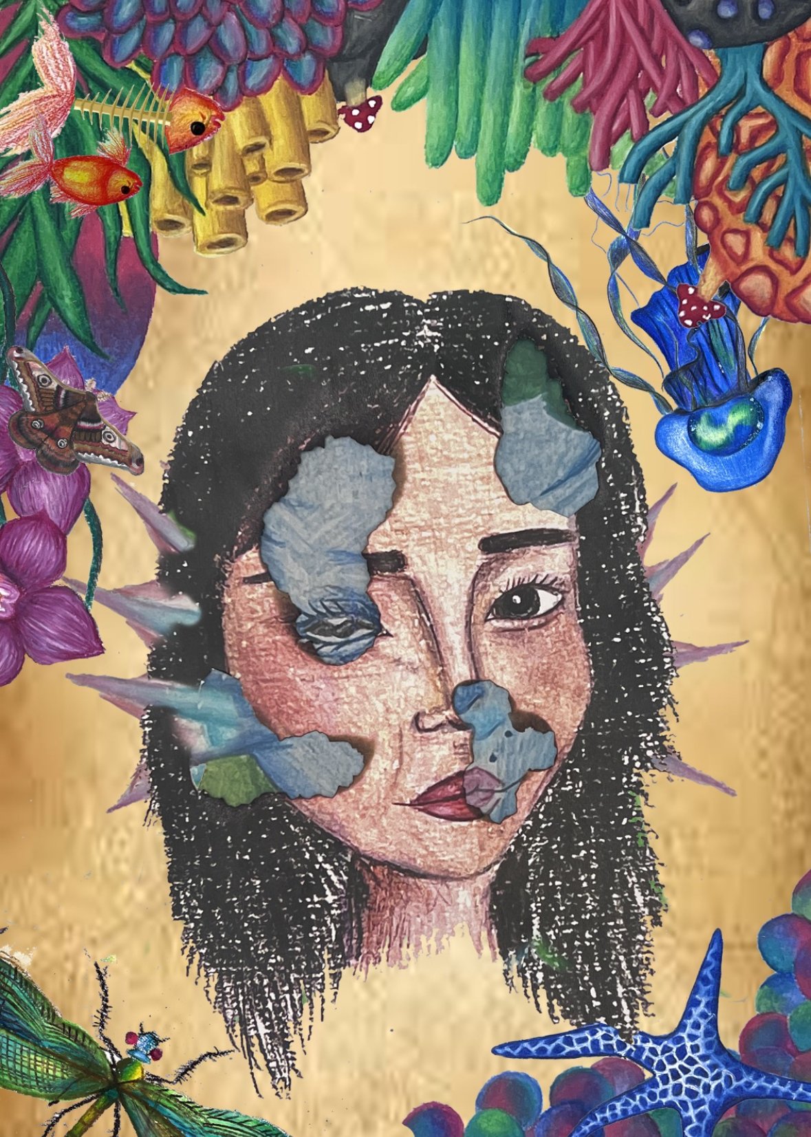 All of me. This self-portrait explores the duality within me, the version I present and the hidden “monster” version lurking just beneath. The aquatic life and insects surrounding the figure represent elements of both beauty and discomfort: vibrant y