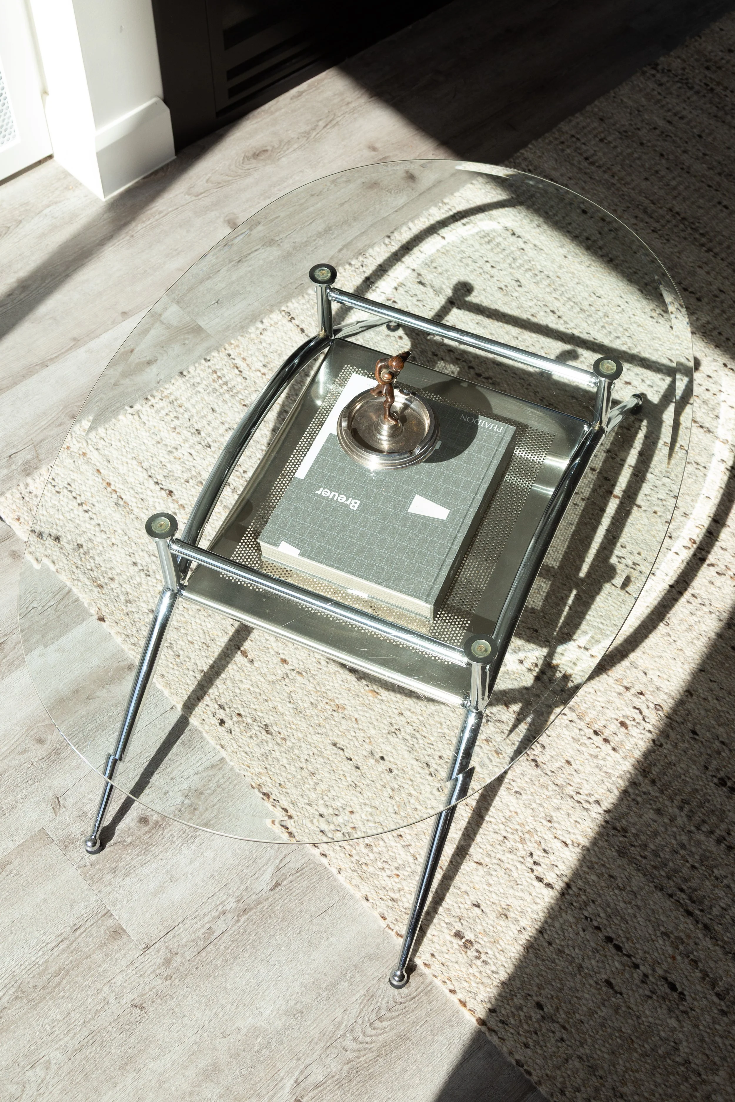 Vintage Chrome & Glass Oval Coffee Table 1980s