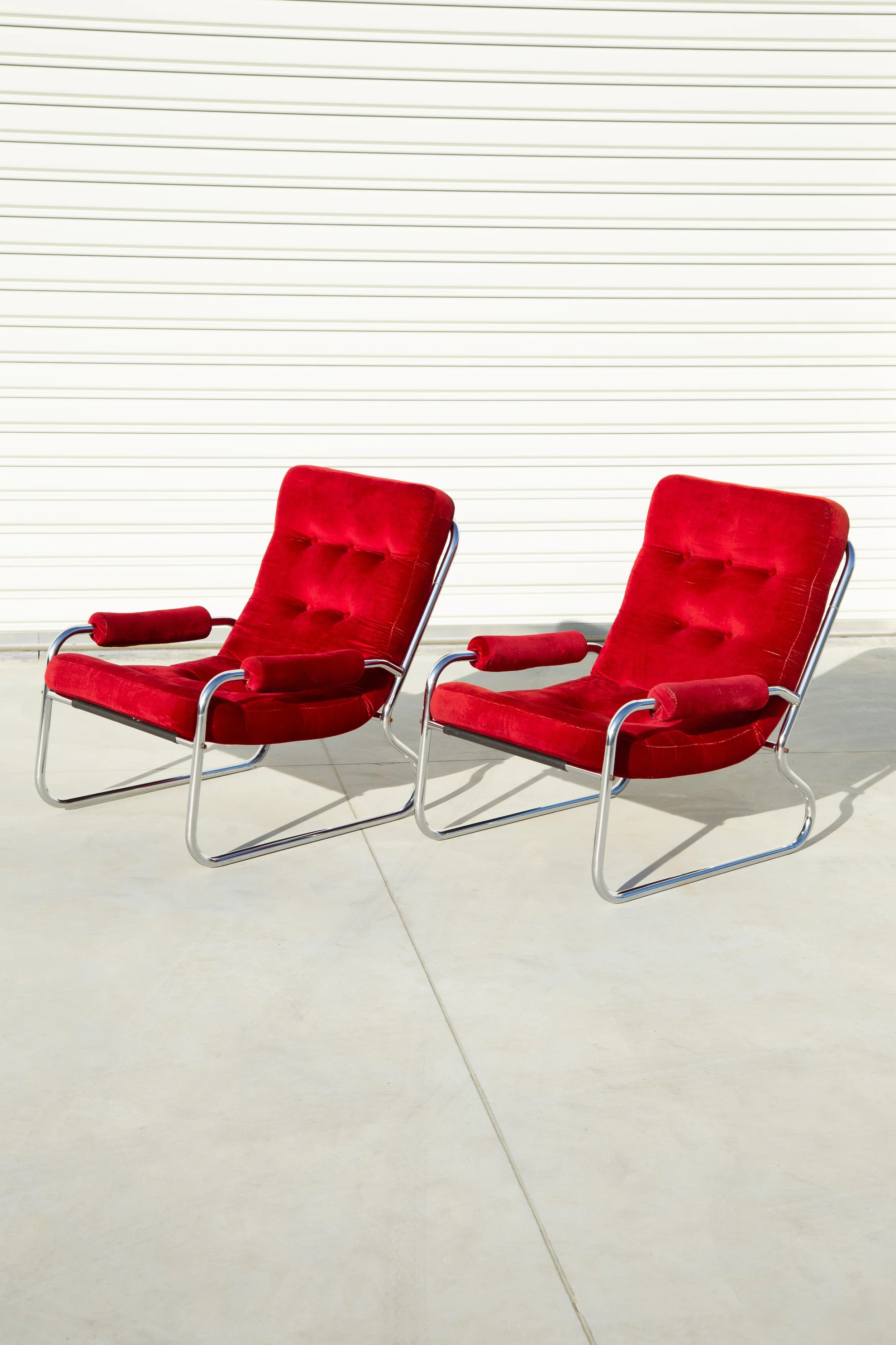 1970’s Chrome & Cherry Red Velvet Arm Chairs