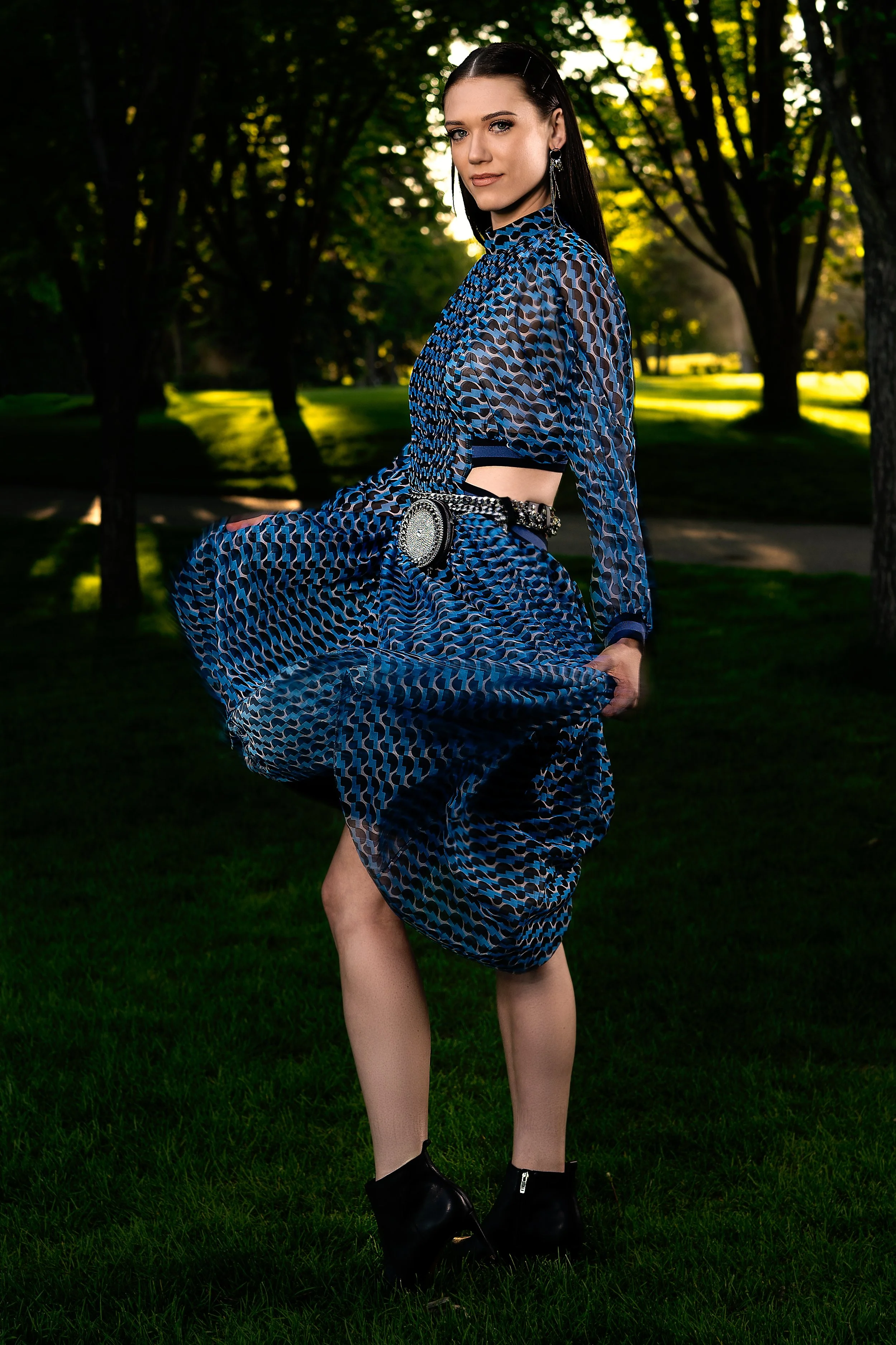 editorial portrait of woman in flowing dress in park setting – Calgary fashion photography