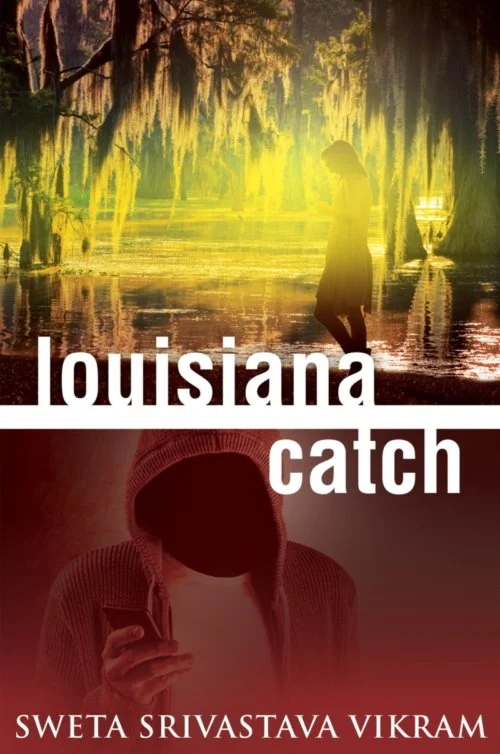 A person standing in water beneath hanging moss trees in a swampy area during sunset, with the text 'Louisiana catch'.