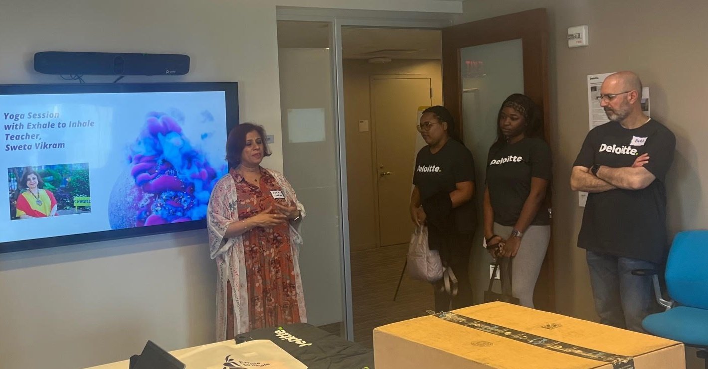 I taught multiple trauma-informed yoga classes to Deloitte employees. They partnered up with a nonprofit as part of Deloitte’s annual impact day.