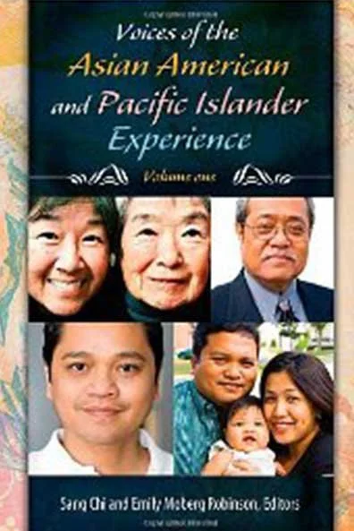Book cover titled 'Voices of the Asian American and Pacific Islander Experience' featuring photos of Asian American individuals and families.