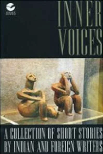 Book cover titled 'Inner Voices: A Collection of Short Stories by Indian and Foreign Writers' featuring two terracotta sculptures of seated figures on a shelf.
