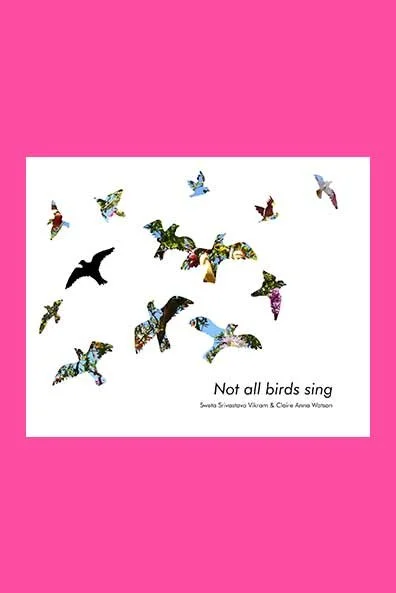 Colorful collage of various birds flying, with a few black silhouettes, on a white background with pink borders, and the text "Not all birds sing" at the bottom.