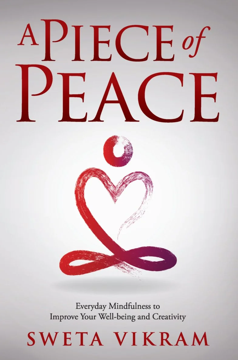 Book cover titled "A Piece of Peace" by Sweta Vikram, featuring a stylized heart and meditation figure in red and purple, with the subtitle "Everyday Mindfulness to Improve Your Well-being and Creativity."