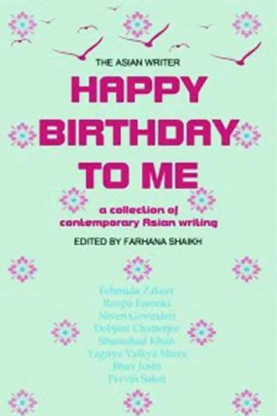 Book cover titled 'Happy Birthday to Me,' edited by Farhana Shaikh, featuring a pink and purple design with floral patterns and bird illustrations.