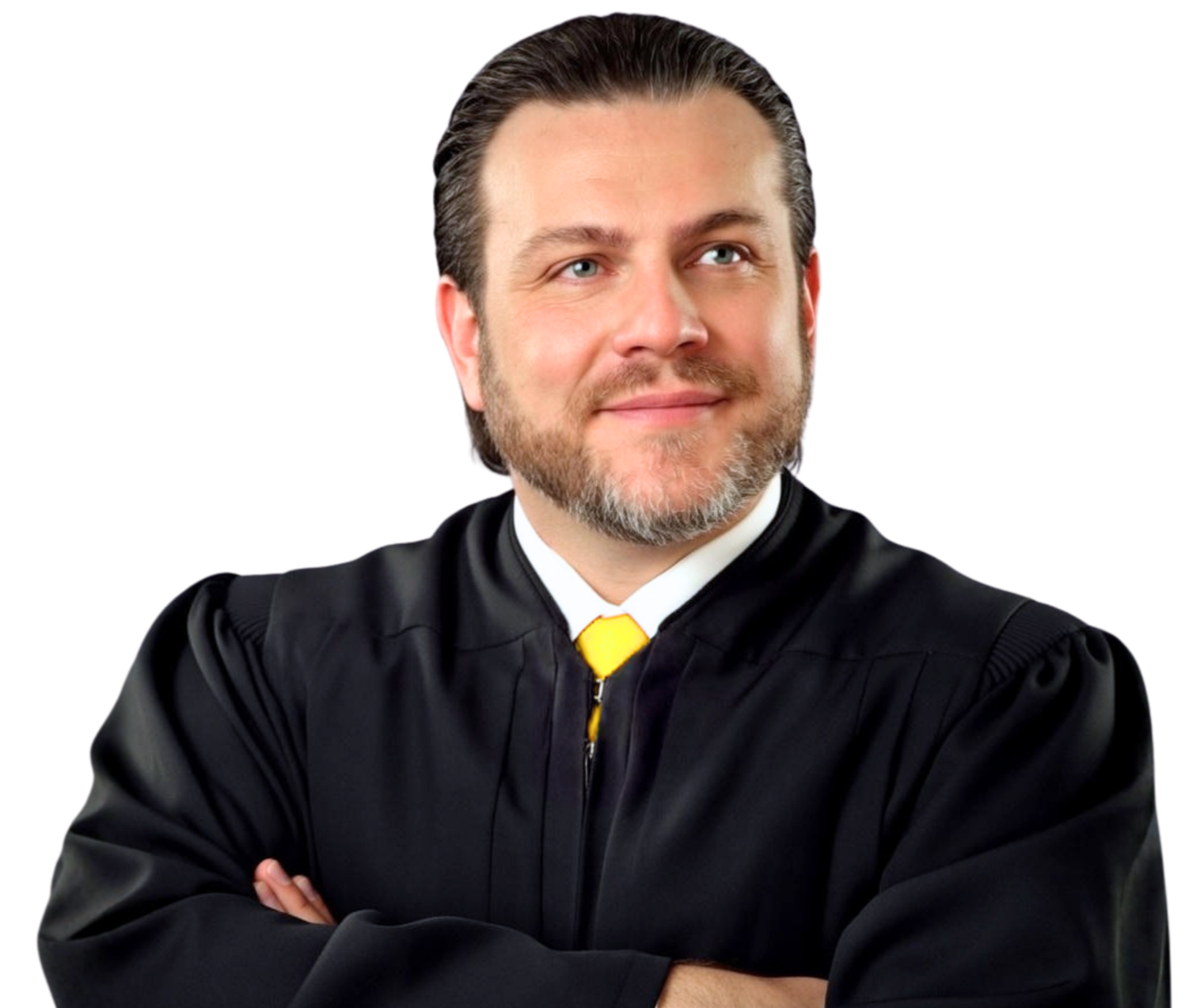 Andrew King, wearing a judge's robe with a yellow tie underneath, smiling with arms crossed.