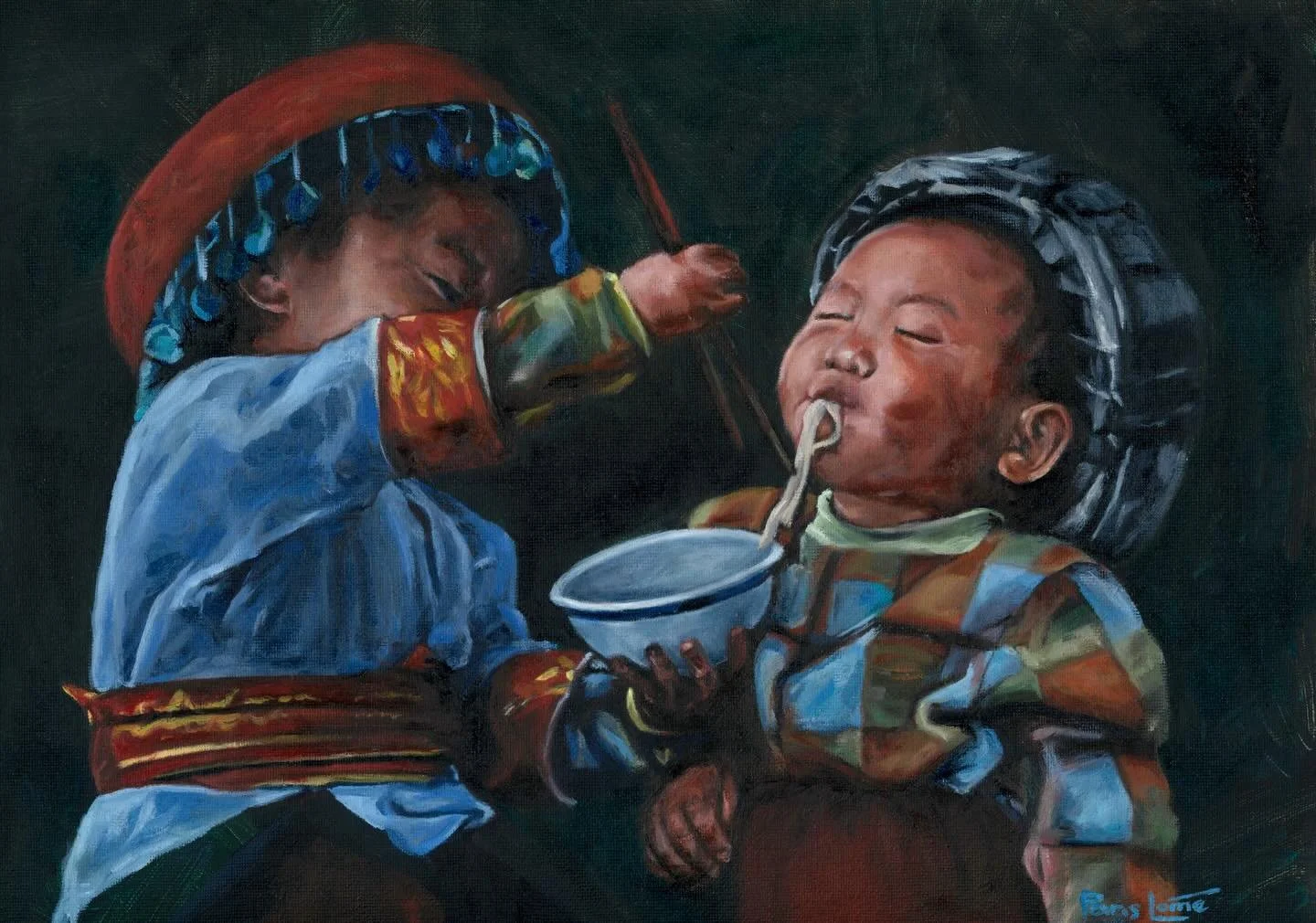 over 10 years ago I did a quick sketch and sent it to my friend giggling that it was us enjoying our favourite Vietnamese food.

little did I know, that sketch, I would turn into a full watercolour painting, which would sell at a gallery (I was 16 wh