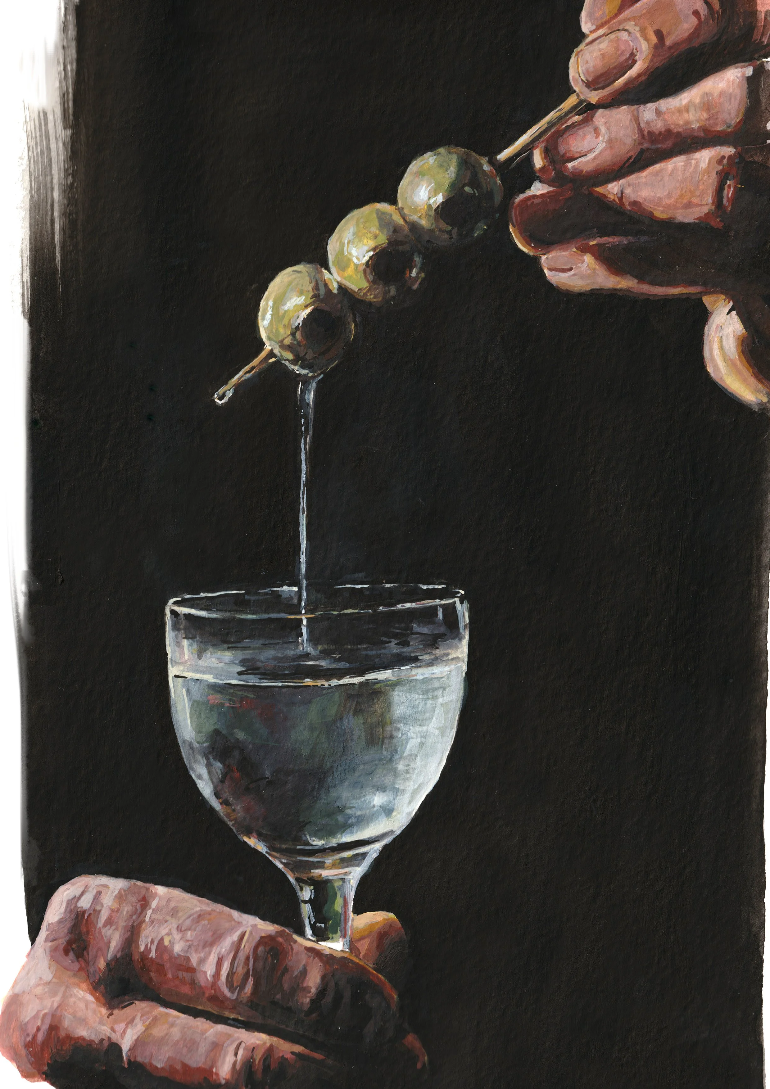 Painting of a hand holding a glass, while another hand is placing olives on a skewer into the glass, with a dark background.