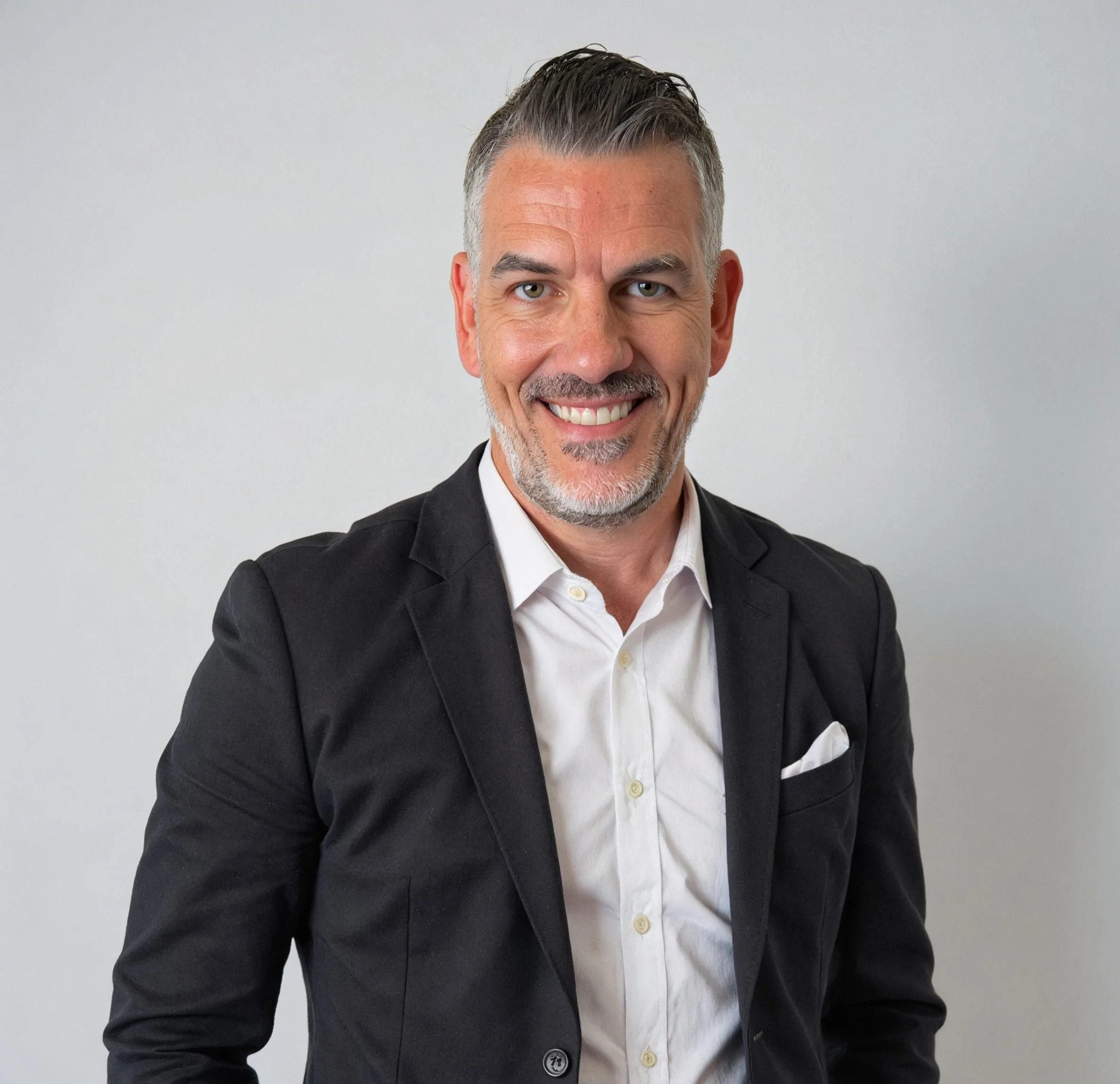 A smiling man with gray hair and beard wearing a dark suit and white shirt, posing with arms crossed in an office setting.