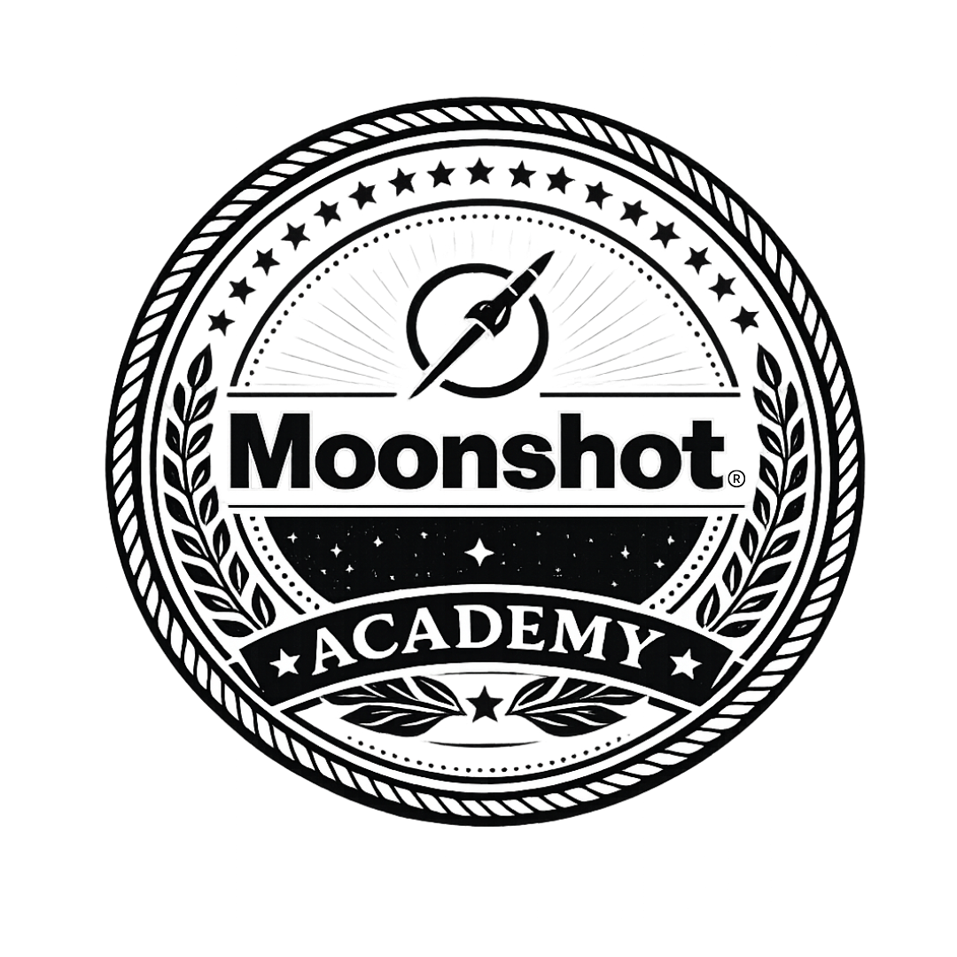 A circular badge for Moonshot Academy with a starry night sky background, a swooping moon, and a stylized pencil in the center. The badge has a decorative border and the words 'Moonshot Academy' prominently displayed.