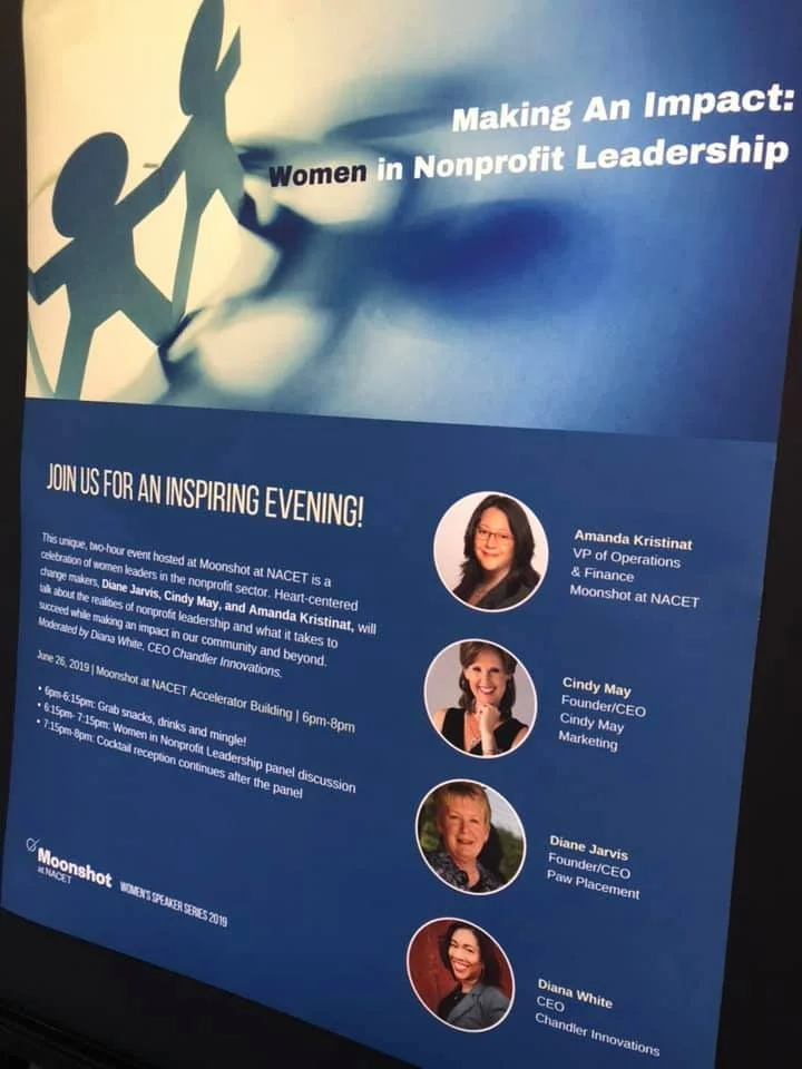 Event poster for Night of NACET's Women's Speaker Series 2019 titled 'Making an Impact: Women in Nonprofit Leadership,' featuring images and names of four women speakers and event details.