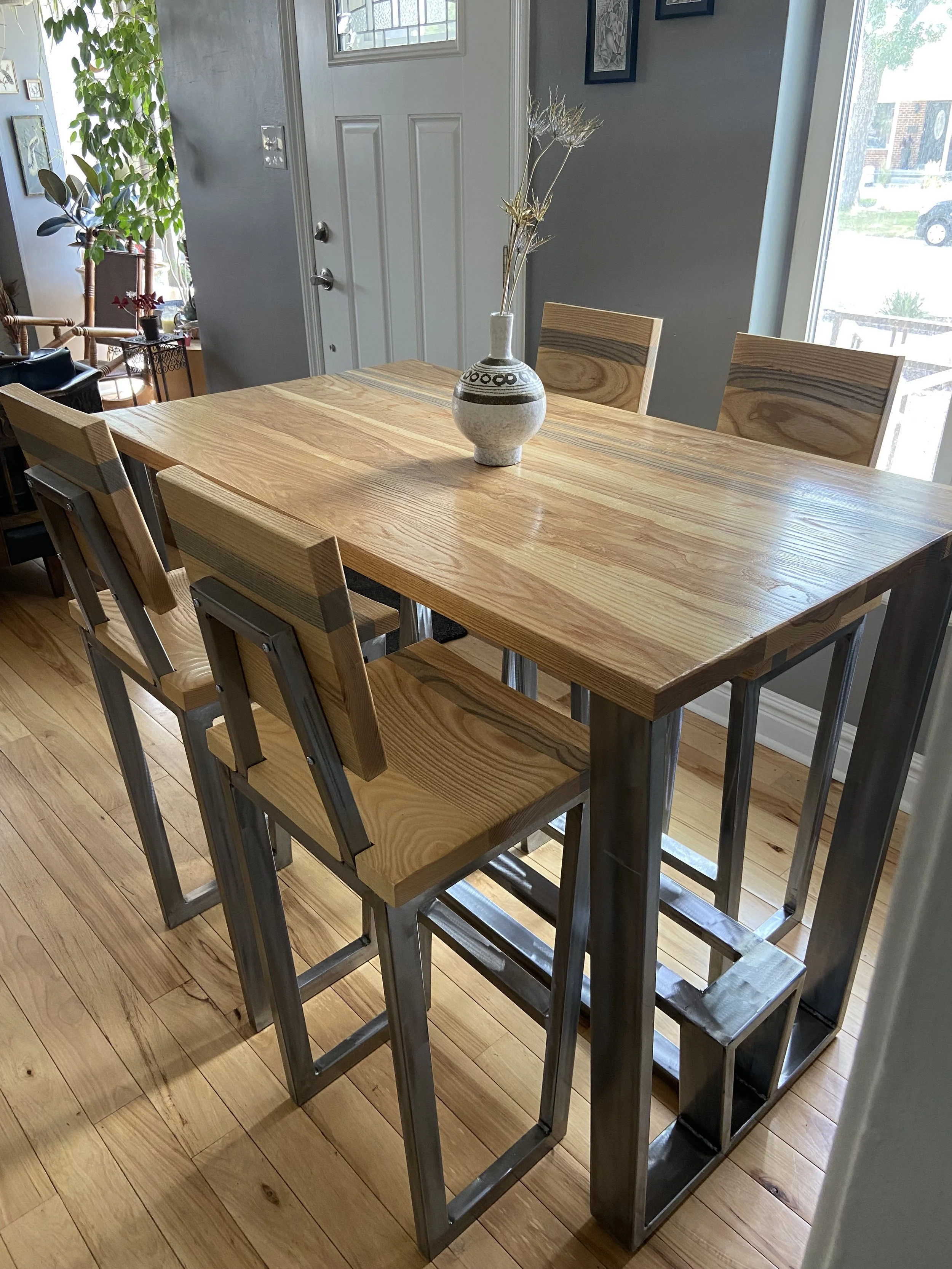 American Ash and Steel Dining Table and Chair Set
