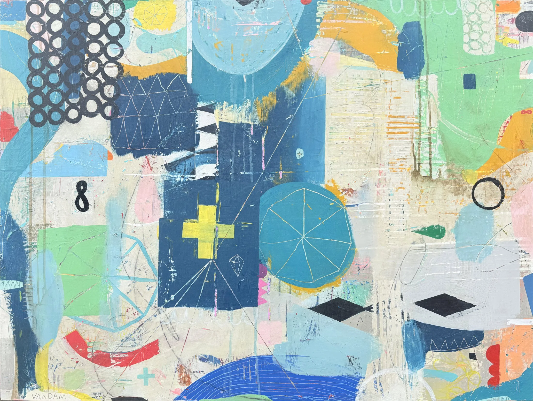 Mixed media painting in blues and dirty whites lots of texture shapes and symbols