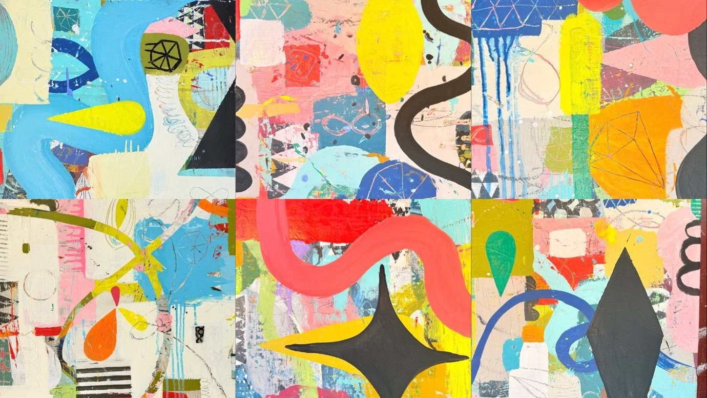 Colorful abstract collage with various shapes, lines, and patterns in vibrant colors including blue, yellow, pink, red, black, and green.