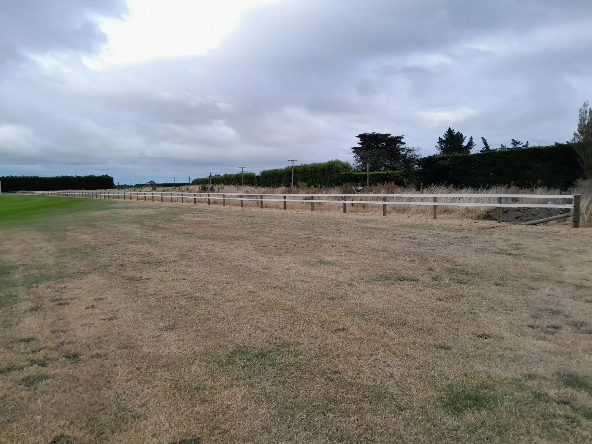 A grassy field divided into two sections with a wooden fence running along the edge. One section has green grass while the other is brown and dry. There are trees and bushes in the background under a cloudy sky.