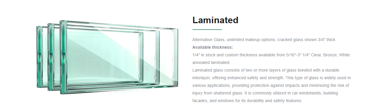 Stack of three laminated glass panels with beveled edges and reflective surface, shown in a product description.