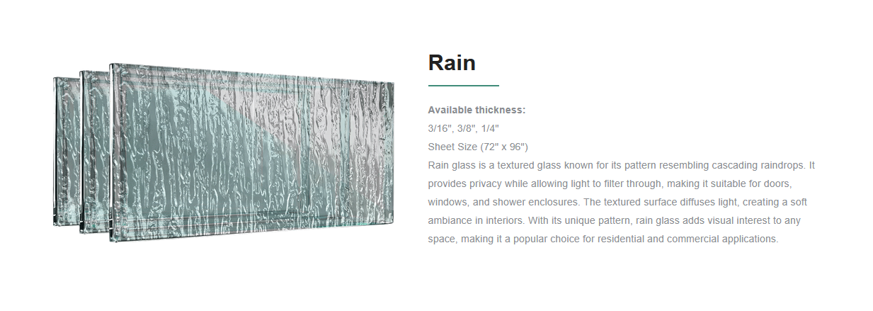 Image of textured rain glass panel with a pattern resembling cascading raindrops, with descriptive text about its features and applications.