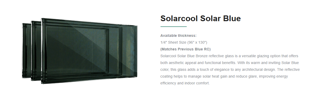 Set of three dark tinted solar control glass panels with black frames, labeled as Solarcool Solar Blue.