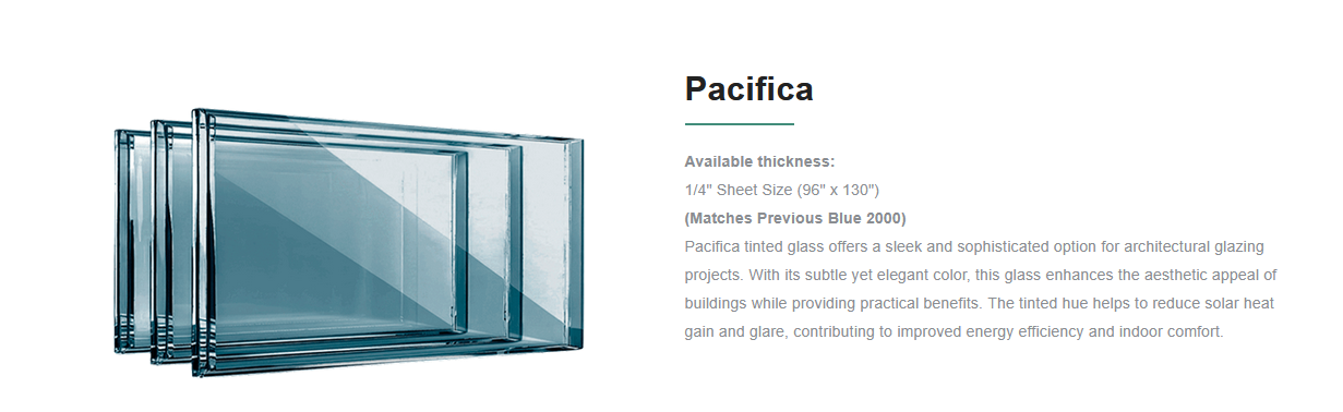 Four blue-tinted glass panes stacked, showing a webpage for Pacifica tinted glass with details about thickness, size, and benefits.