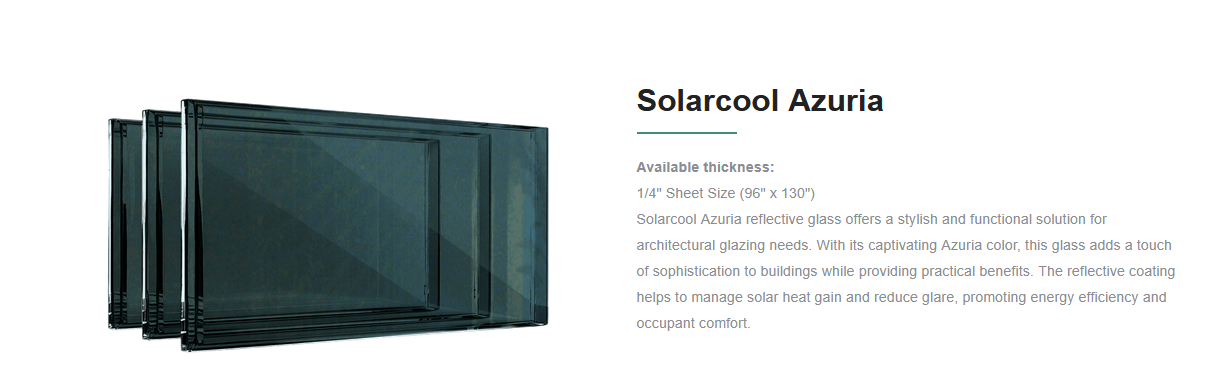Several sheets of Solarcool Azuria reflective glass, with product description and specifications listed on the right.