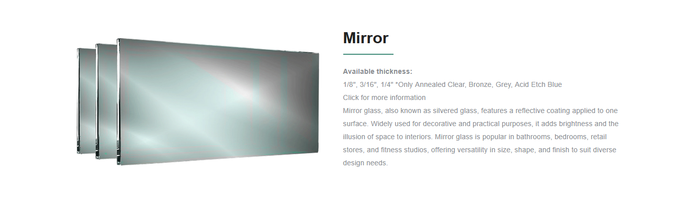 Three rectangular reflective glass mirrors with a website description and specifications for mirror thickness and features.