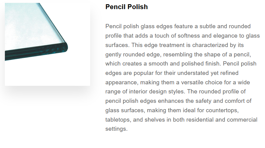 Close-up of a glass with rounded pencil polish edges, showing a subtle, smooth, and polished finish.