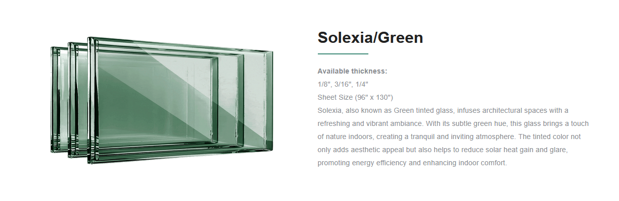 Four green tinted glass sheets stacked together, with product description text to the right.