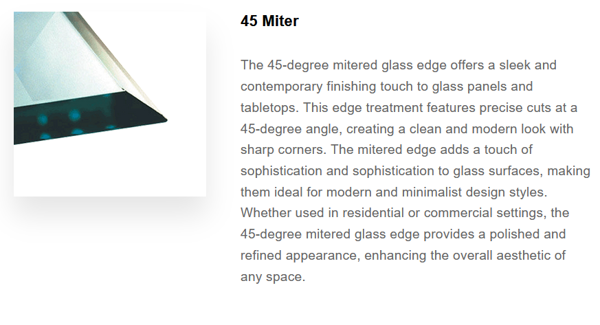 Close-up of a glass with a 45-degree beveled edge, showcasing its sharp and polished corner with a sleek, modern finish.