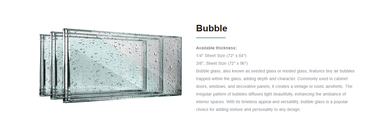 A set of three clear glass sheets with water droplets, labeled as bubble glass or seeded glass, used for windows, doors, or decorative panels.