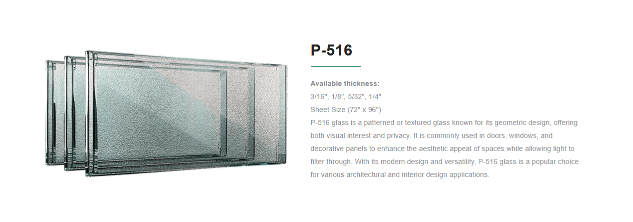 Four sheets of textured, patterned glass with metal frames, referred to as P-516 glass, used for doors, windows, and decorative panels.