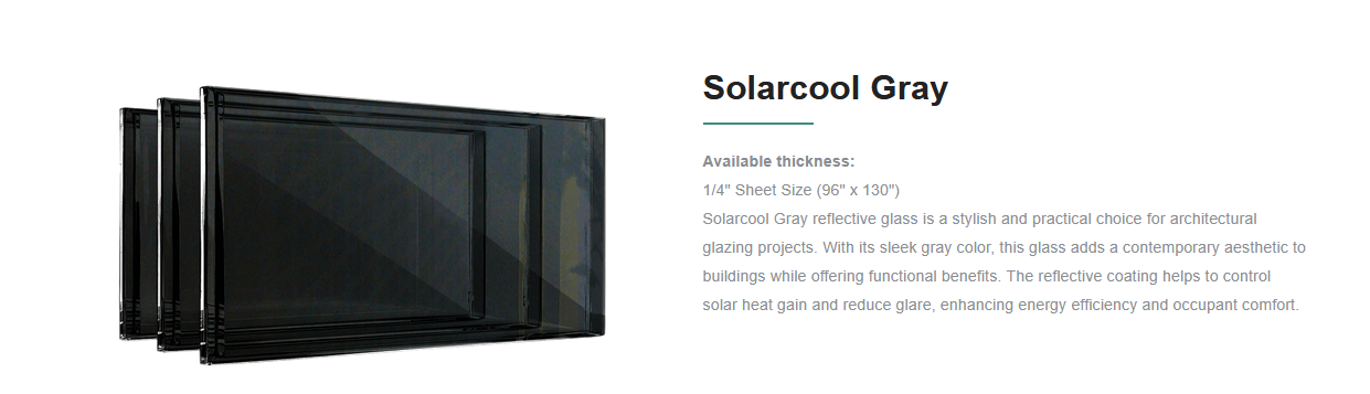 Three sheets of Solarcool Gray reflective glass with black frames, displayed next to product description.