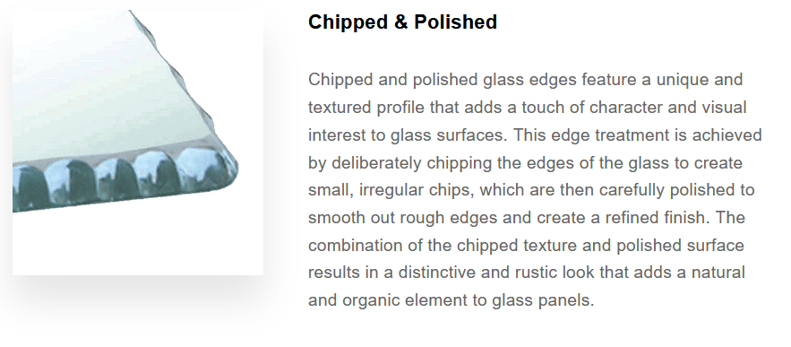 Close-up of chipped and polished glass edge showing irregular small chips and smooth finish.