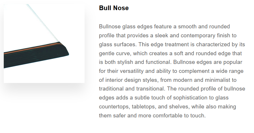 Close-up of glass edge with a black bullnose profile, showing a smooth, rounded finish.