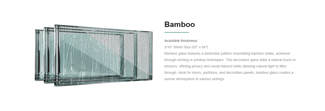 Glass panels with bamboo leaf etching pattern and description of bamboo glass features.