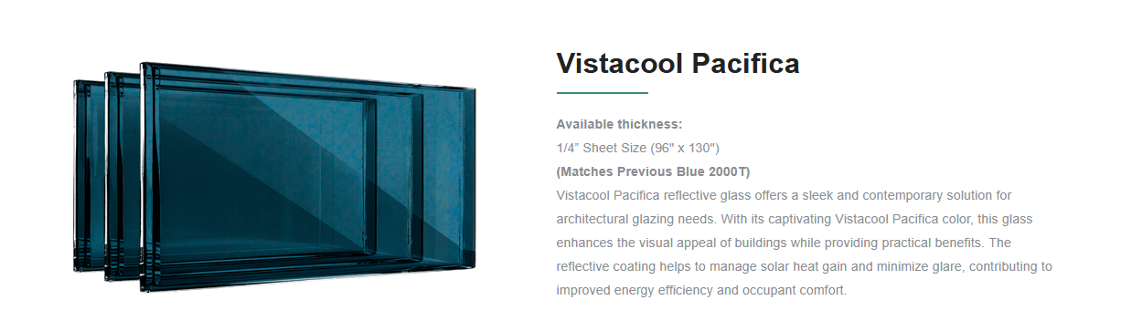 Four sheets of blue reflective glass with black framing, stacked slightly offset from each other.