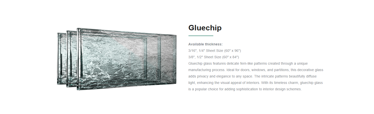 Set of four decorative glass sheets with fern-like patterns, described as Glucechip glass available in different thicknesses and sizes, used for doors, windows, and partitions.