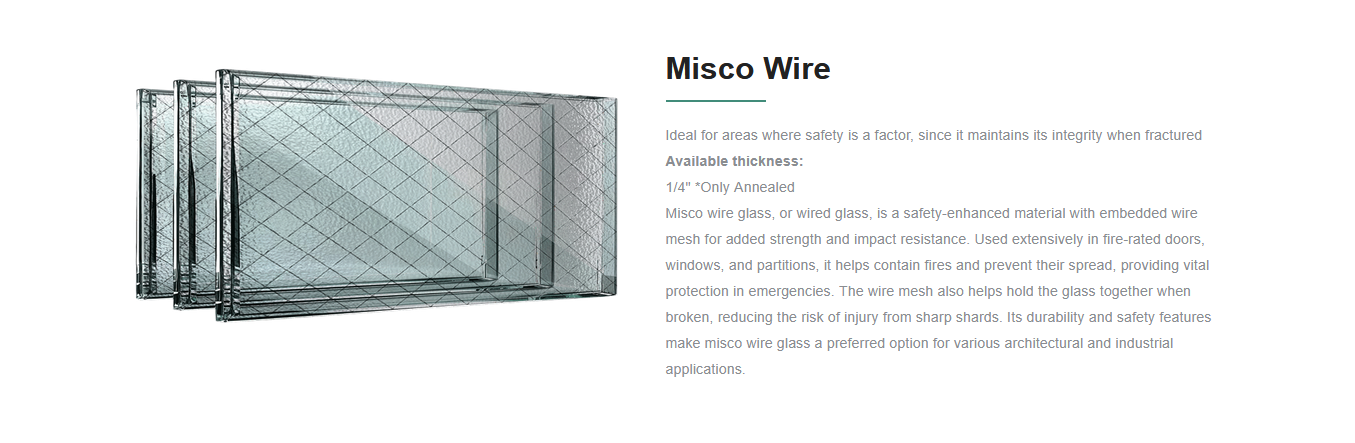 Stacked sheets of wired glass with a diamond pattern in front of a product description for Misco Wire glass.