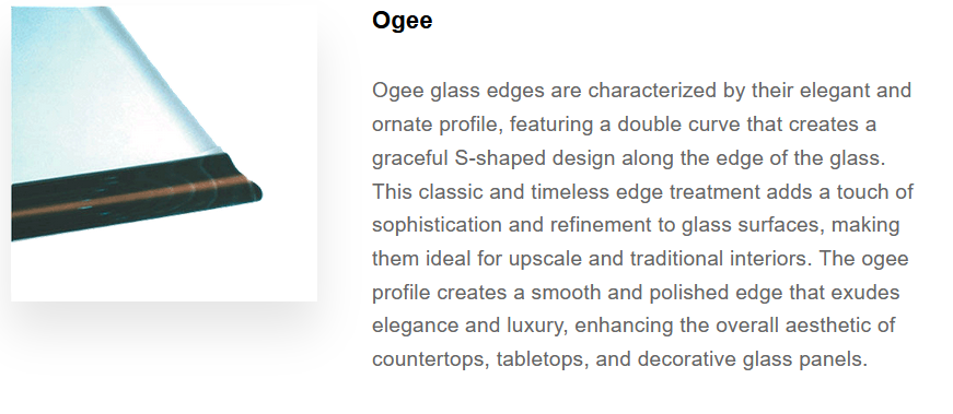 Close-up of a glass edge with a smooth, polished finish and a dark-colored profile, featuring an elegant and ornate double curve design.