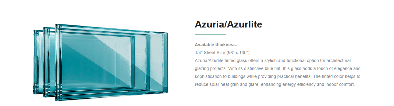 Set of four tinted blue glass sheets labeled Azuria/Azurite with product description.