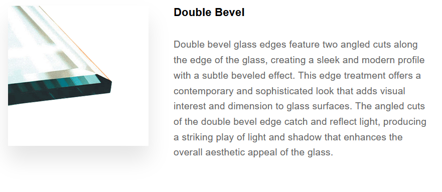 Close-up of double bevel glass with beveled edges and angled cuts reflecting light.
