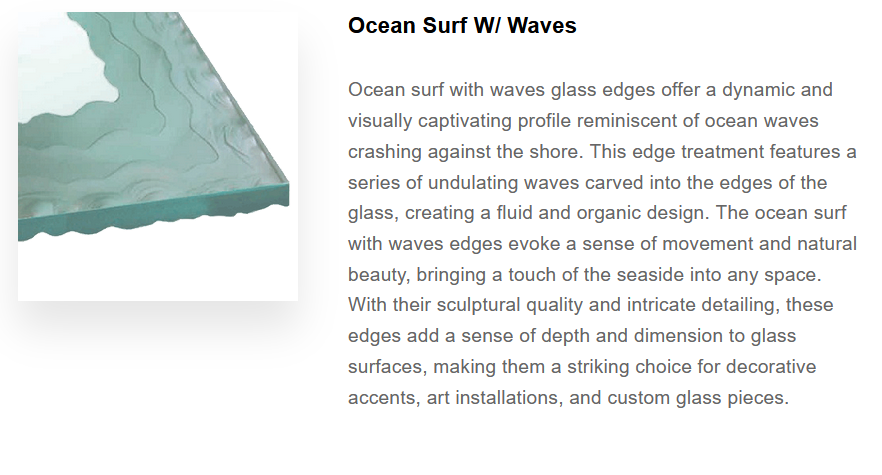 Close-up of a glass piece with ocean wave design and textured edges that resemble ocean waves.
